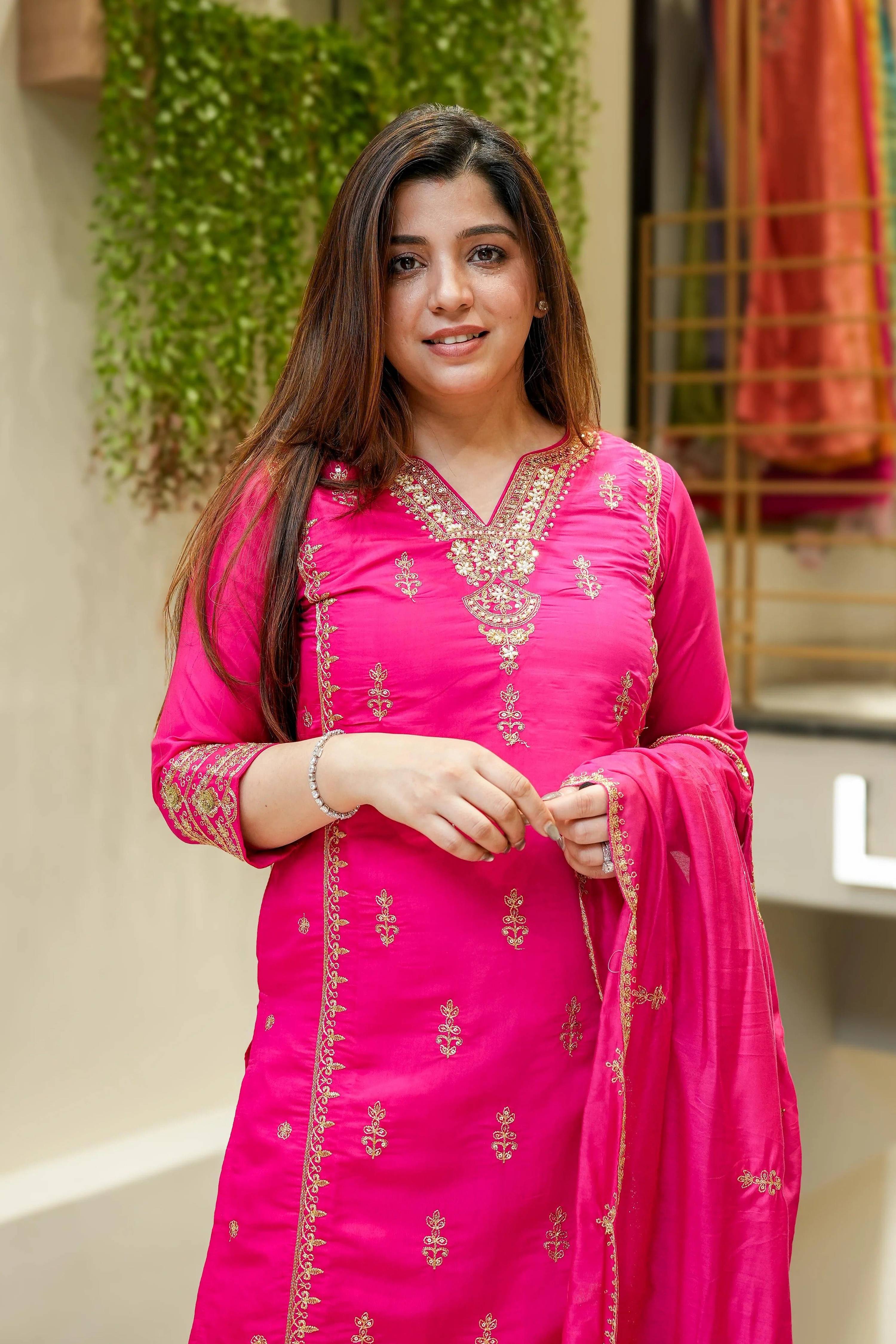 Vegaa Fashion Pink Chanderi Silk Embroidered Salwar Suit | Grocsy