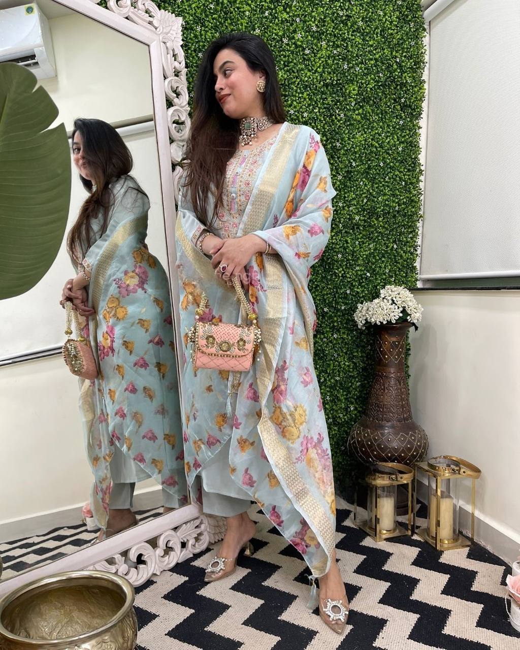 Vegaa Fashion Sky Blue Chanderi Silk Embroidered Salwar Suit | Grocsy