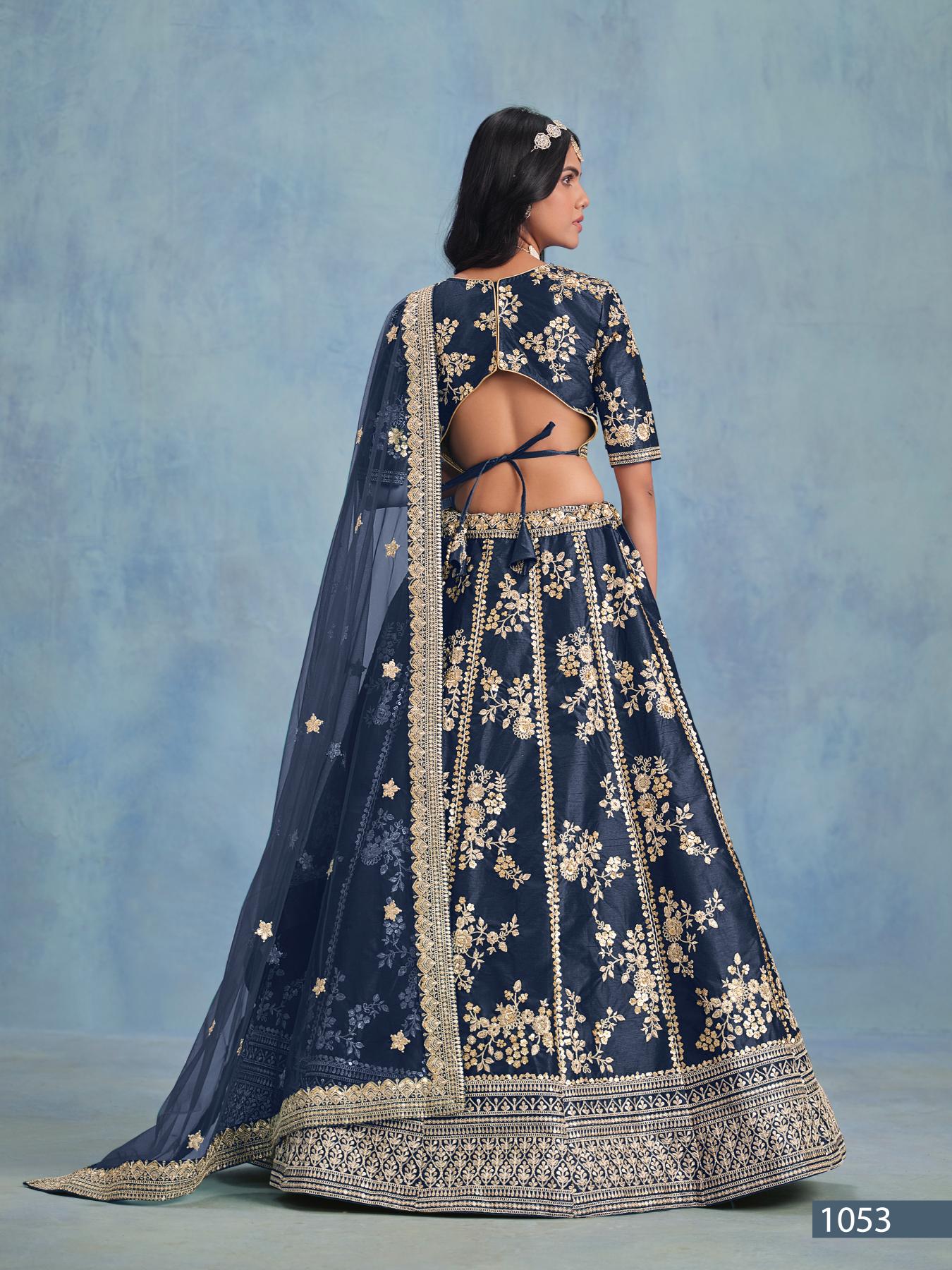 Anaita Navy Blue Embroidered Heavy Art Silk Designer Lehenga With Blouse | Grocsy