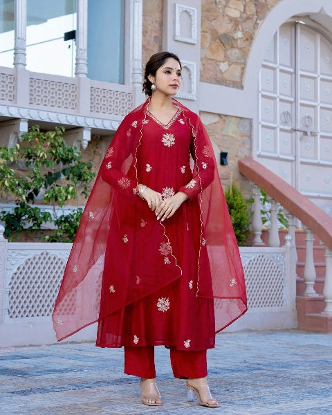 Vegaa Fashion Red Chanderi Silk Embroidered Salwar Suit | Grocsy