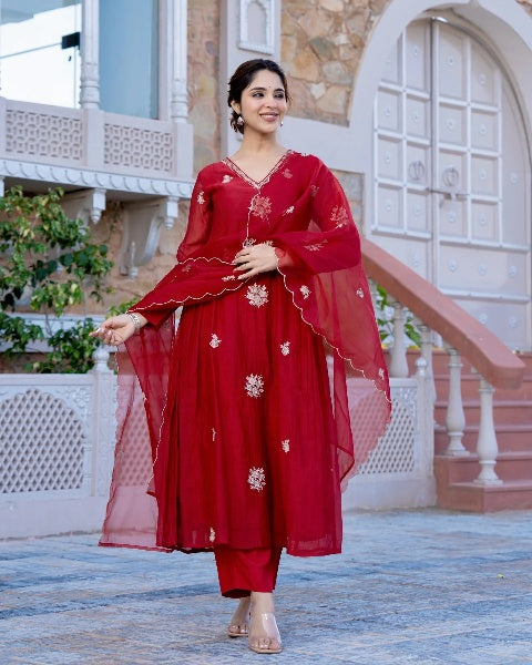 Vegaa Fashion Red Chanderi Silk Embroidered Salwar Suit | Grocsy