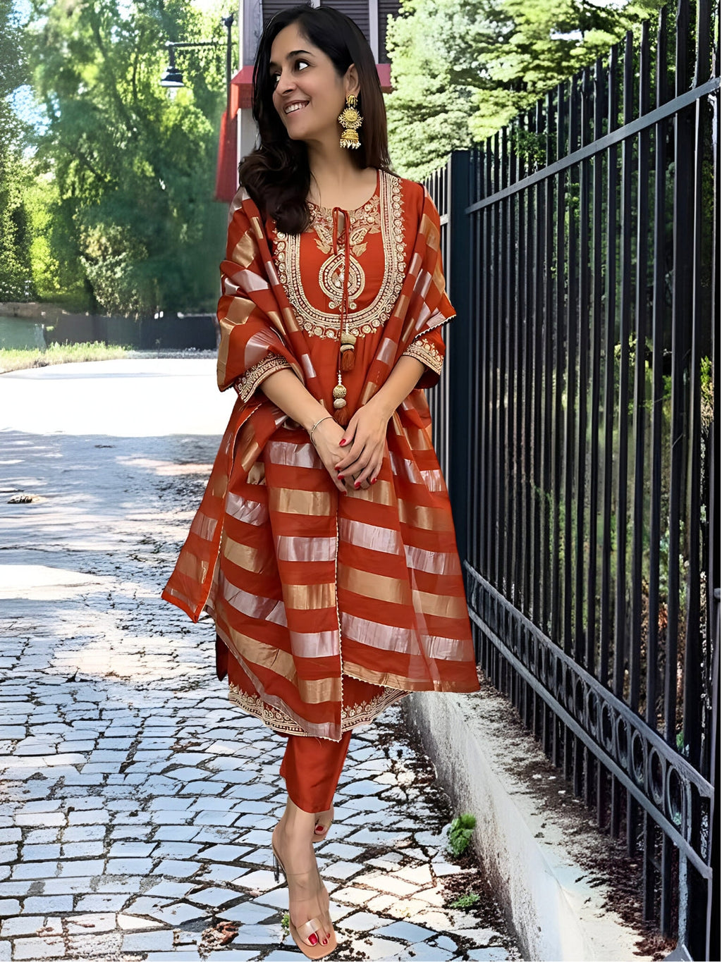 Vegaa Fashion Orange Chanderi Silk Embroidered Salwar Suit | Grocsy