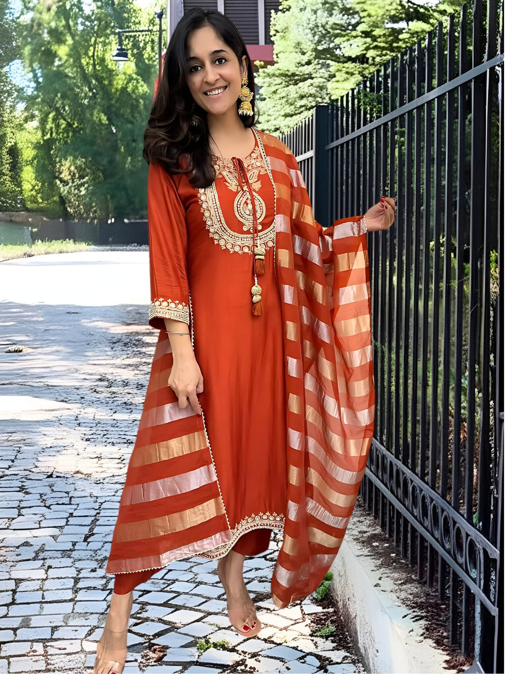 Vegaa Fashion Orange Chanderi Silk Embroidered Salwar Suit | Grocsy