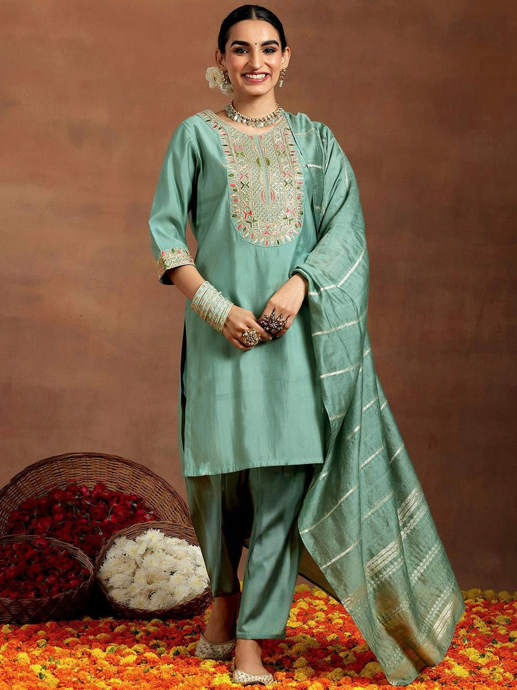 Vegaa Fashion Bottel Green Chanderi Silk Embroidered Salwar Suit | Grocsy