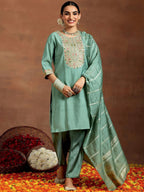 Vegaa Fashion Bottel Green Chanderi Silk Embroidered Salwar Suit | Grocsy