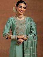 Vegaa Fashion Bottel Green Chanderi Silk Embroidered Salwar Suit | Grocsy
