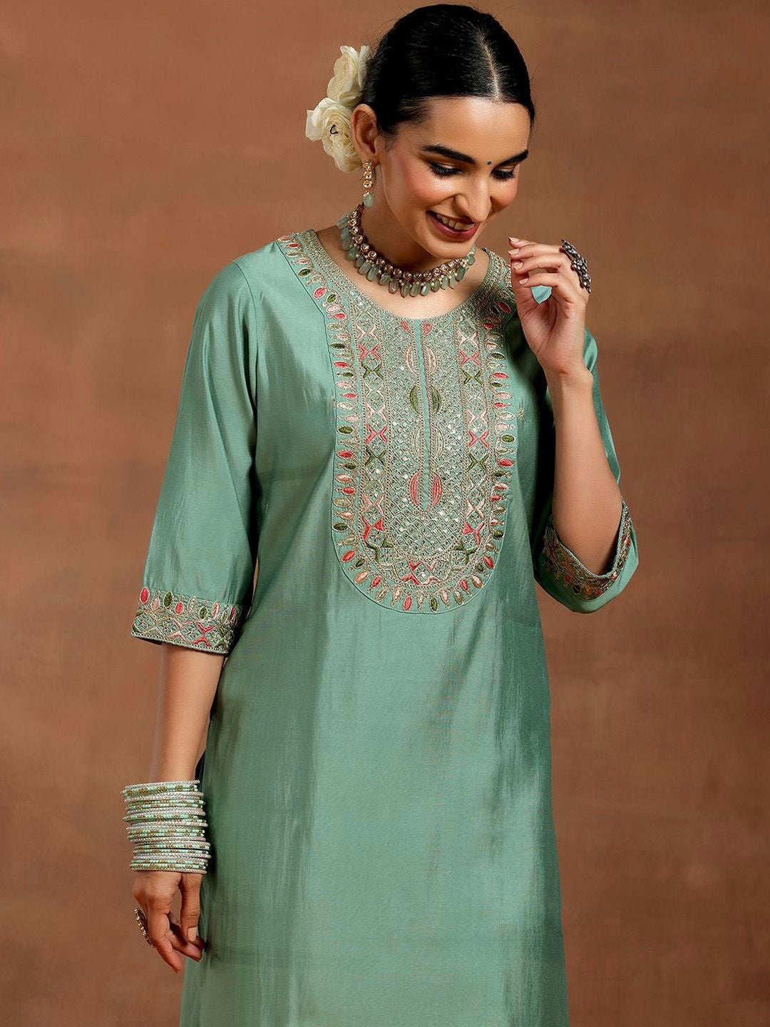 Vegaa Fashion Bottel Green Chanderi Silk Embroidered Salwar Suit | Grocsy