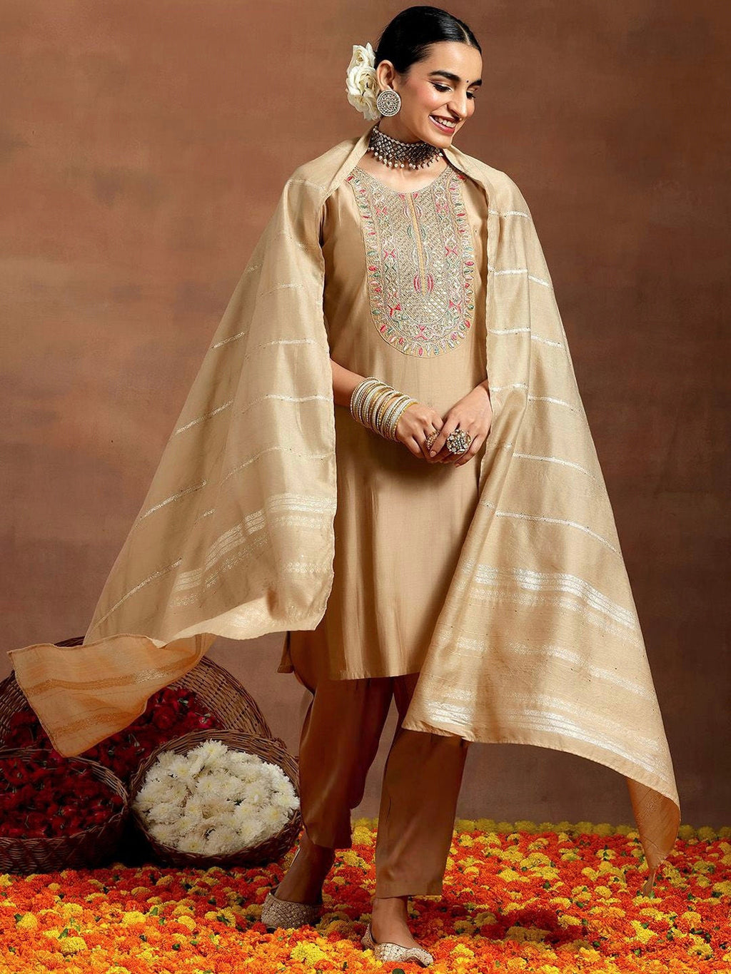Vegaa Fashion Cream Chanderi Silk Embroidered Salwar Suit | Grocsy