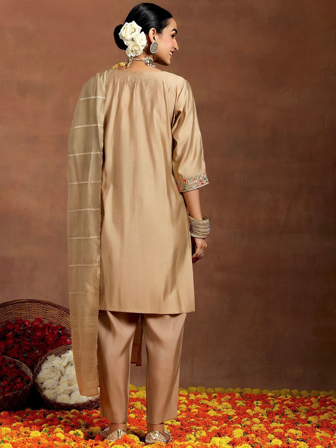 Vegaa Fashion Cream Chanderi Silk Embroidered Salwar Suit | Grocsy