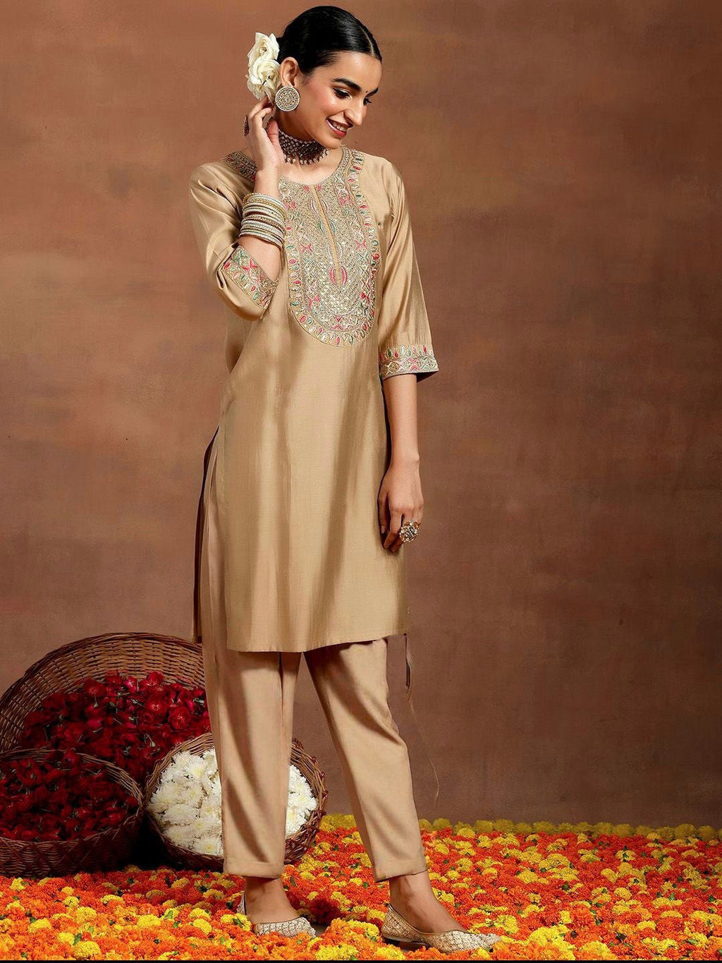 Vegaa Fashion Cream Chanderi Silk Embroidered Salwar Suit | Grocsy