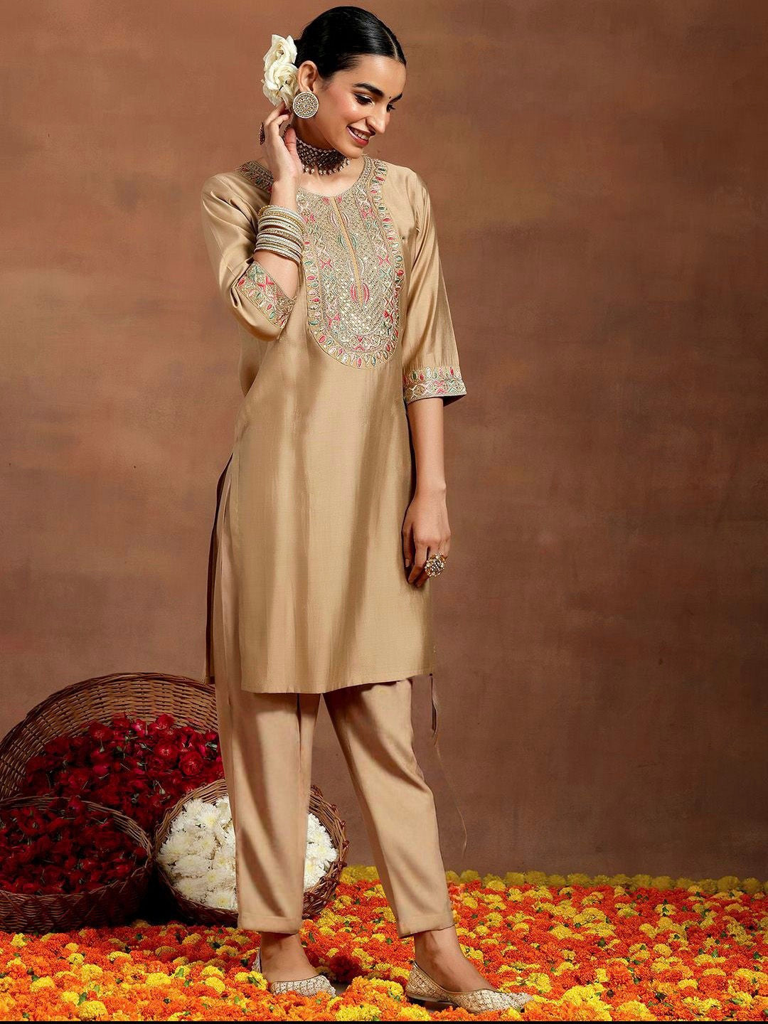 Vegaa Fashion Cream Chanderi Silk Embroidered Salwar Suit | Grocsy