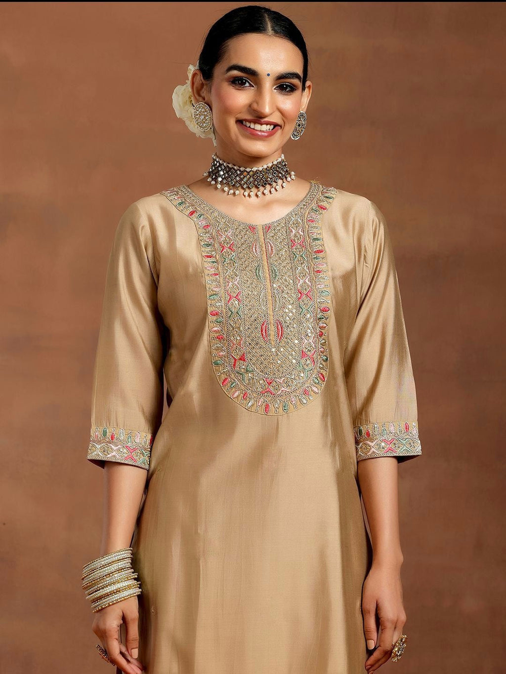 Vegaa Fashion Cream Chanderi Silk Embroidered Salwar Suit | Grocsy