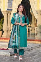 Vegaa Fashion Turqiouse Chanderi Silk Embroidered Salwar Suit | Grocsy