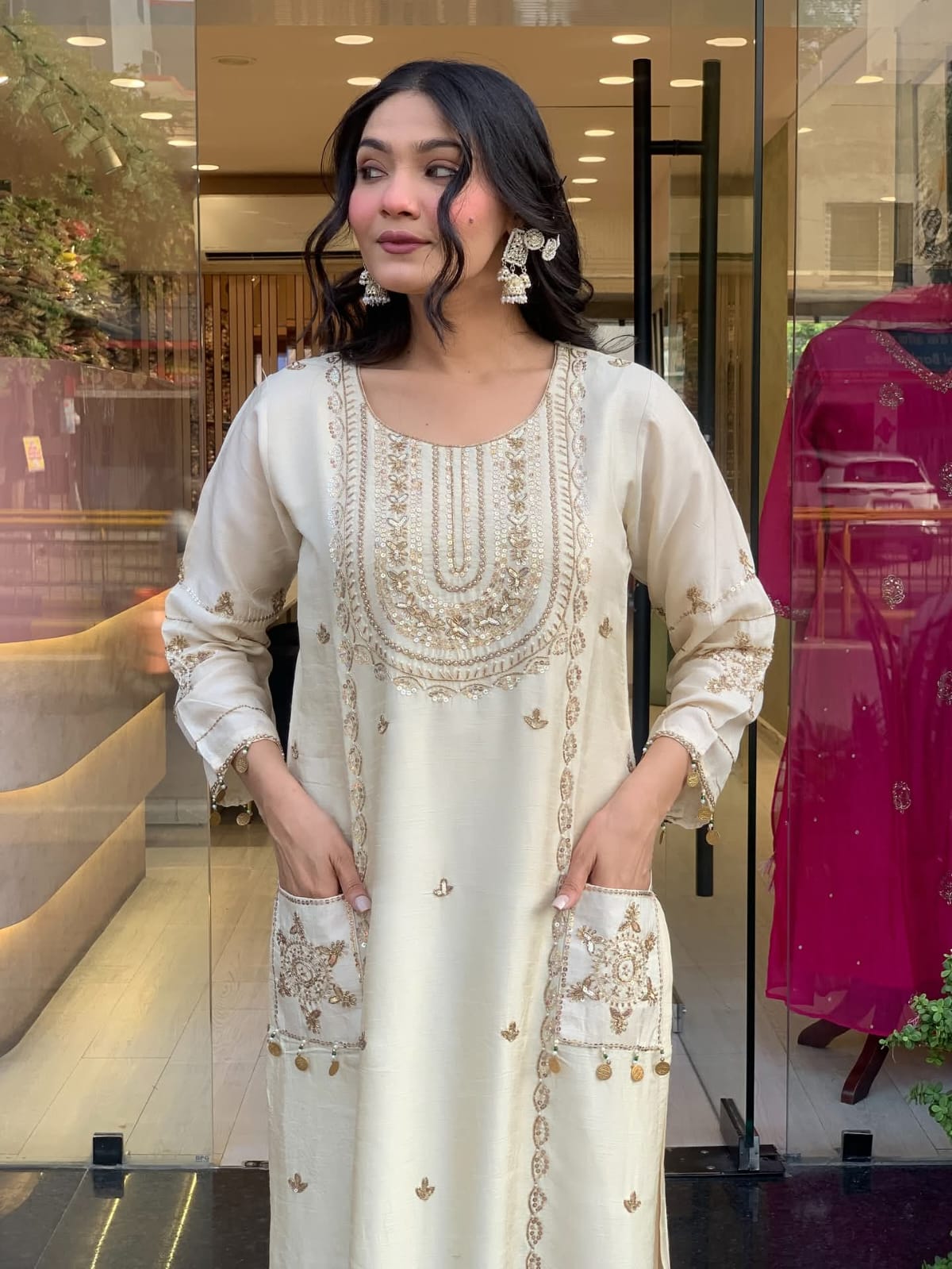 Vegaa Fashion Off White Art Silk Embroidered Salwar Suit | Grocsy