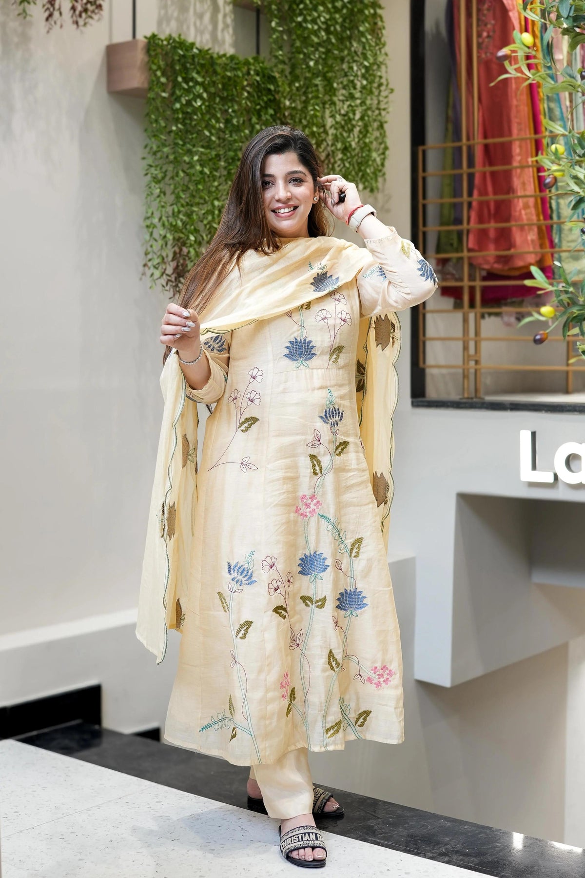 Vegaa Fashion Off White Viscose Chanderi Embroidered Salwar Suit | Grocsy