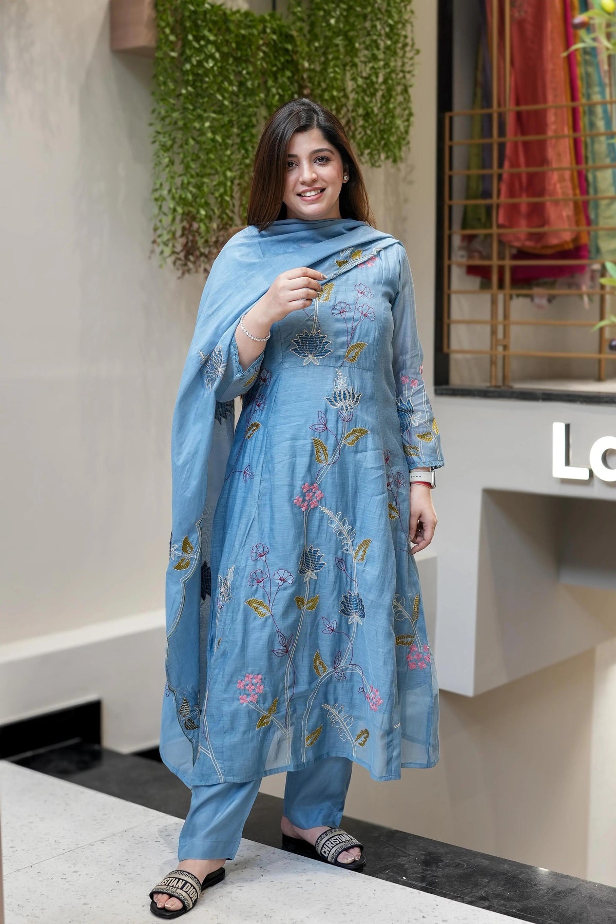 Vegaa Fashion Light Blue Viscose Chanderi Embroidered Salwar Suit | Grocsy