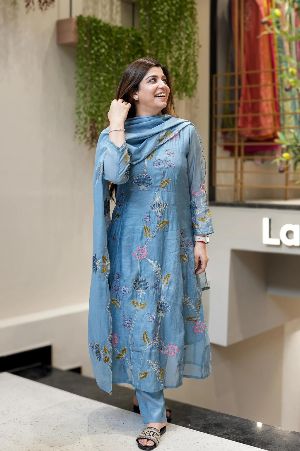 Vegaa Fashion Light Blue Viscose Chanderi Embroidered Salwar Suit | Grocsy