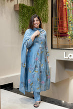 Vegaa Fashion Light Blue Viscose Chanderi Embroidered Salwar Suit | Grocsy