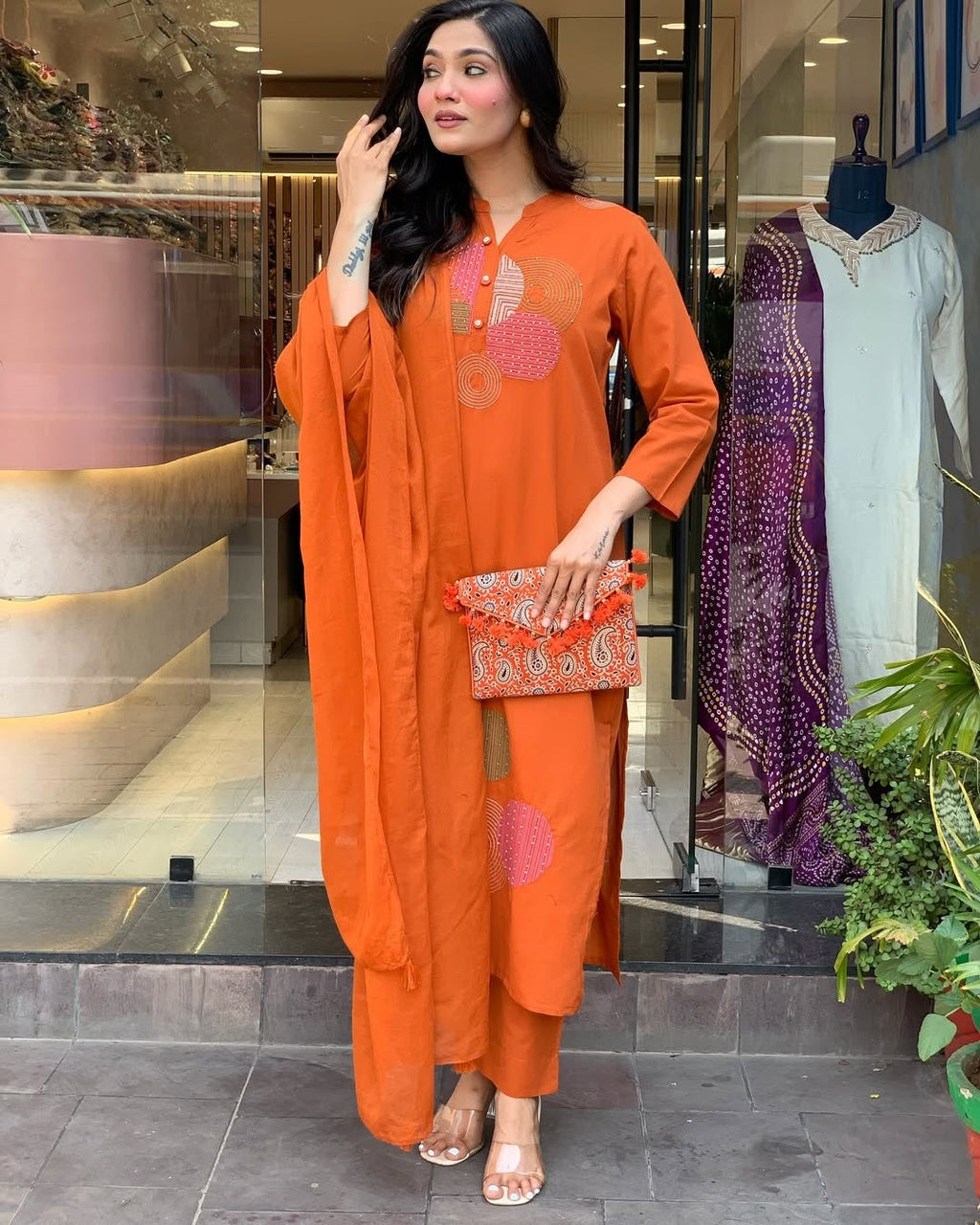 Vegaa Fashion Orange Rayon Embroidered Salwar Suit | Grocsy