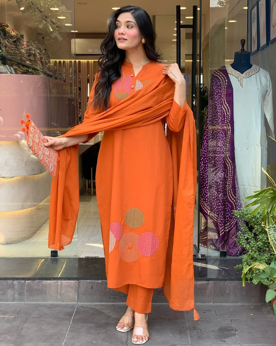 Vegaa Fashion Orange Rayon Embroidered Salwar Suit | Grocsy