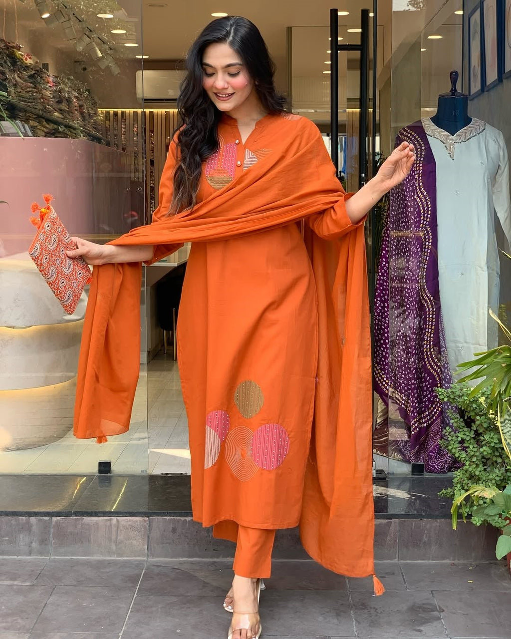 Vegaa Fashion Orange Rayon Embroidered Salwar Suit | Grocsy