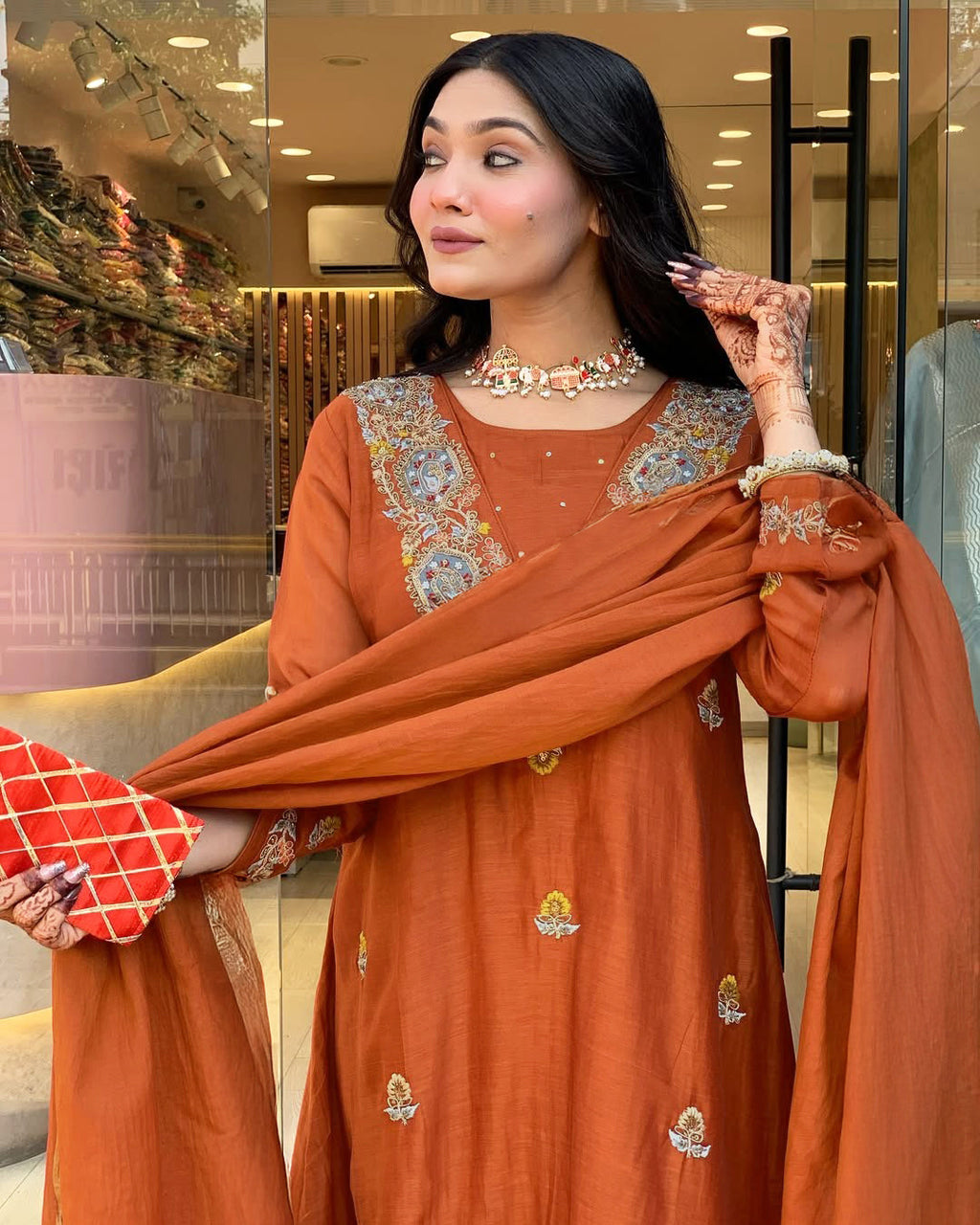 Vegaa Fashion Orange Vichitra Silk Embroidered Salwar Suit | Grocsy