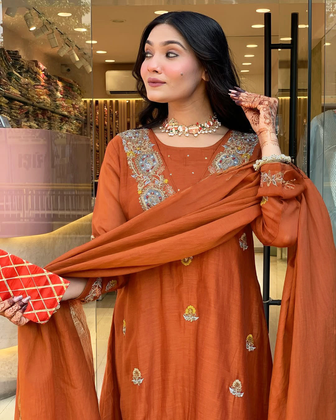 Vegaa Fashion Orange Vichitra Silk Embroidered Salwar Suit | Grocsy