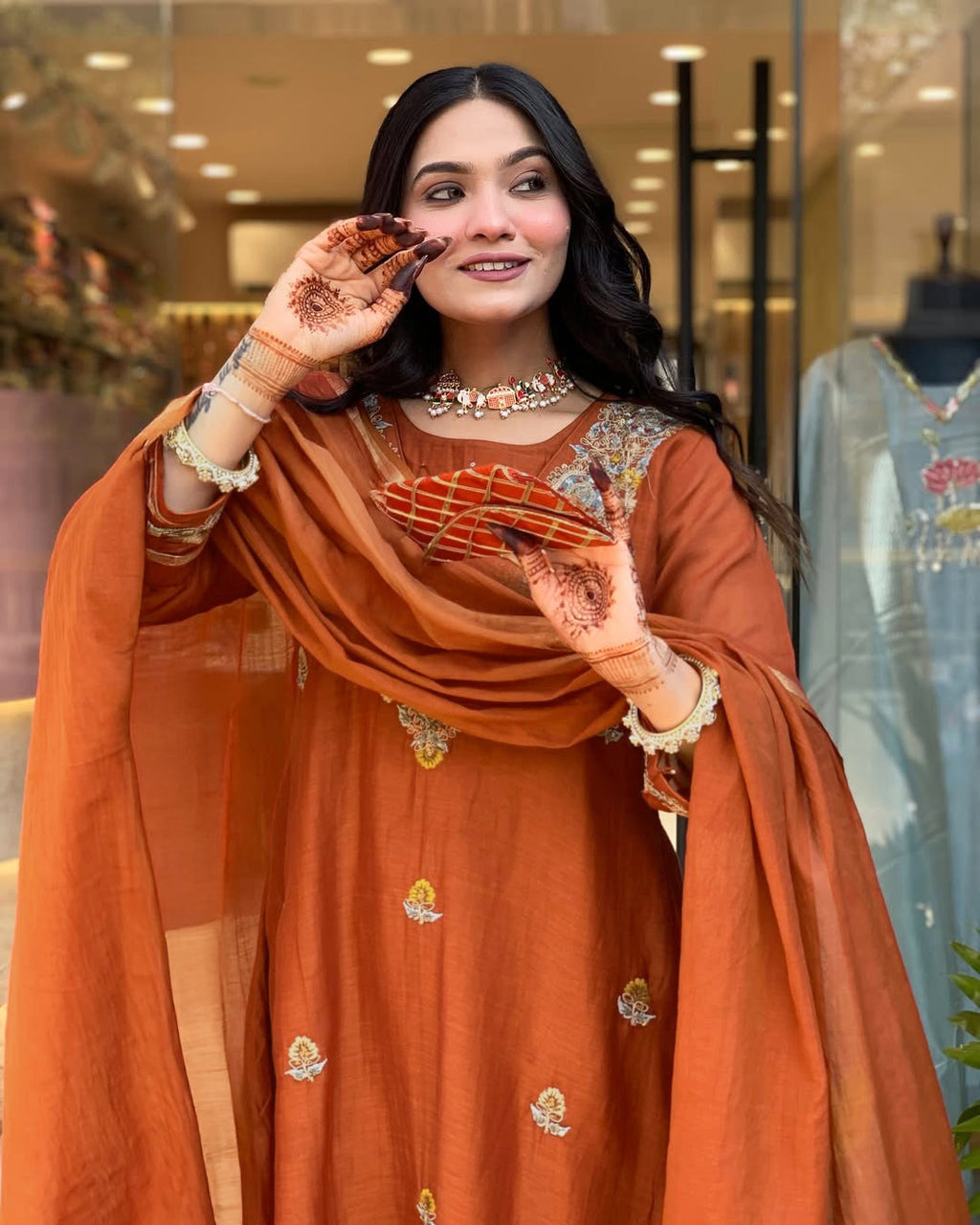 Vegaa Fashion Orange Vichitra Silk Embroidered Salwar Suit | Grocsy