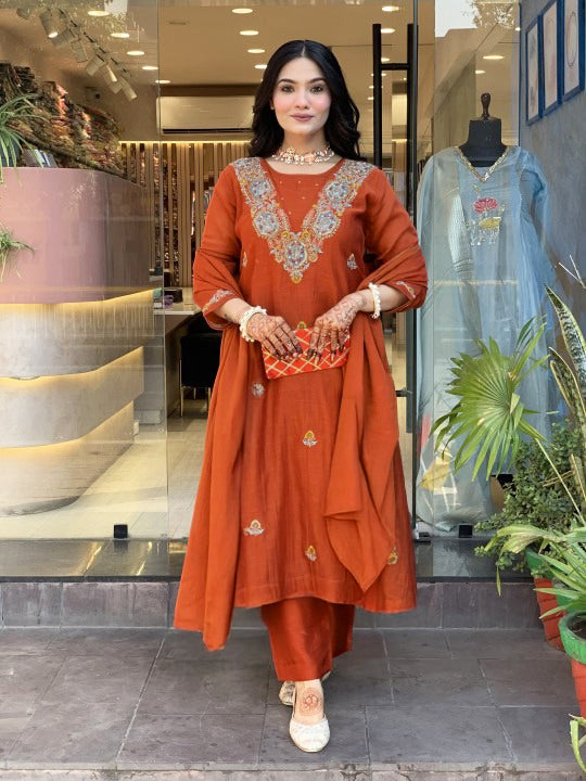 Vegaa Fashion Orange Vichitra Silk Embroidered Salwar Suit | Grocsy