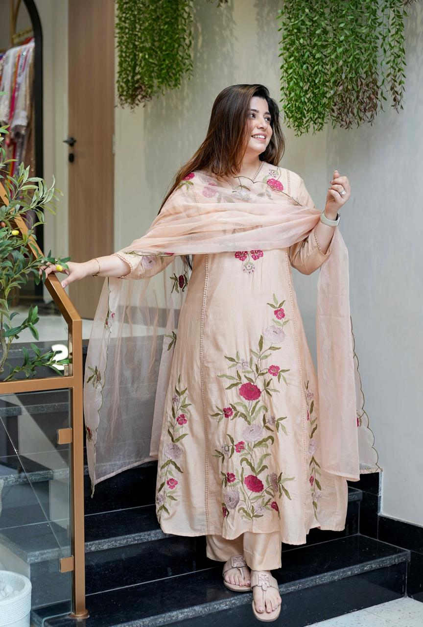 Vegaa Fashion Light Peach Chanderi Silk Embroidered Salwar Suit | Grocsy