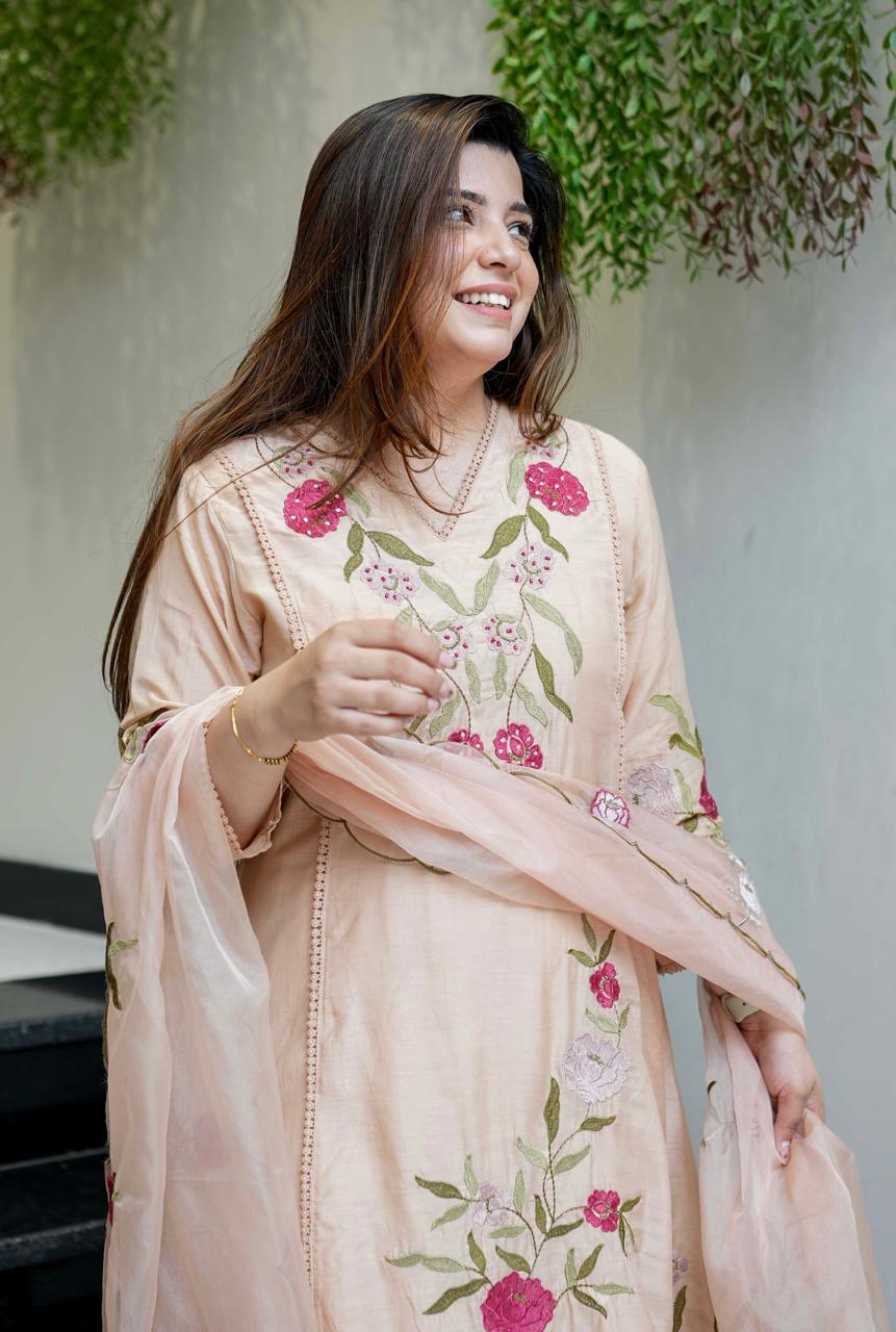 Vegaa Fashion Light Peach Chanderi Silk Embroidered Salwar Suit | Grocsy