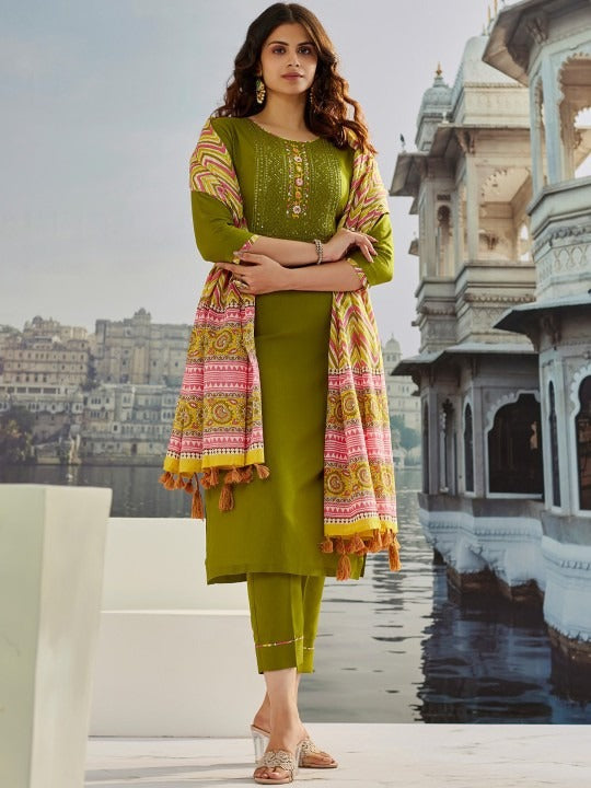 Vegaa Fashion Mahendi Muslin Cotton Embroidered Salwar Suit | Grocsy