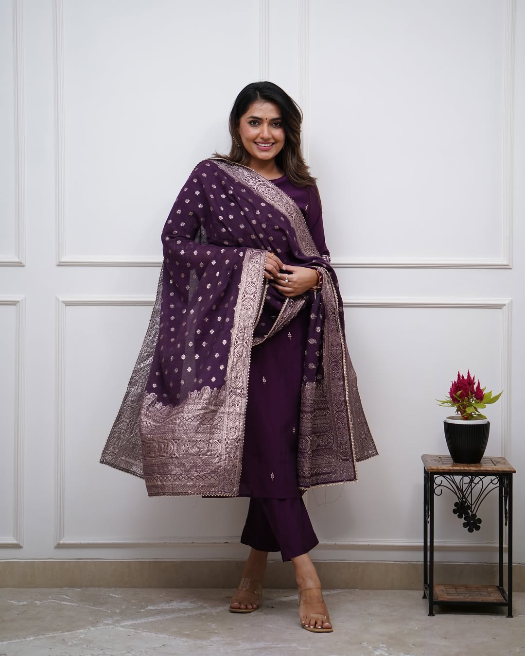 Vegaa Fashion Purple Chanderi Silk Embroidered Salwar Suit | Grocsy