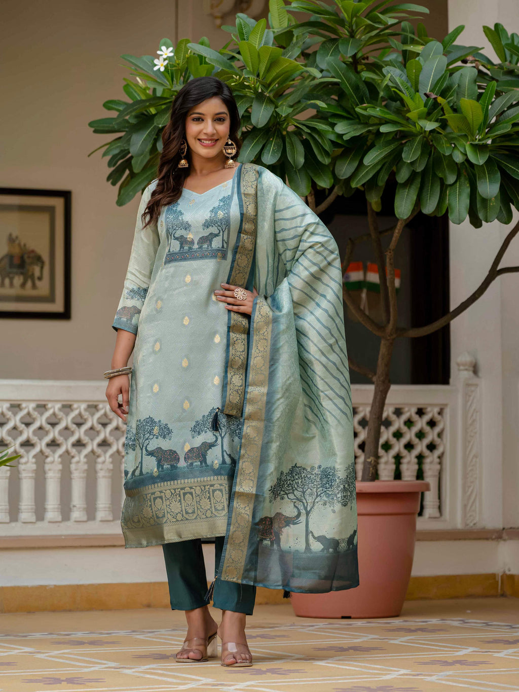 Vegaa Fashion Pista Green Jacquard Silk Printed Salwar Suit | Grocsy