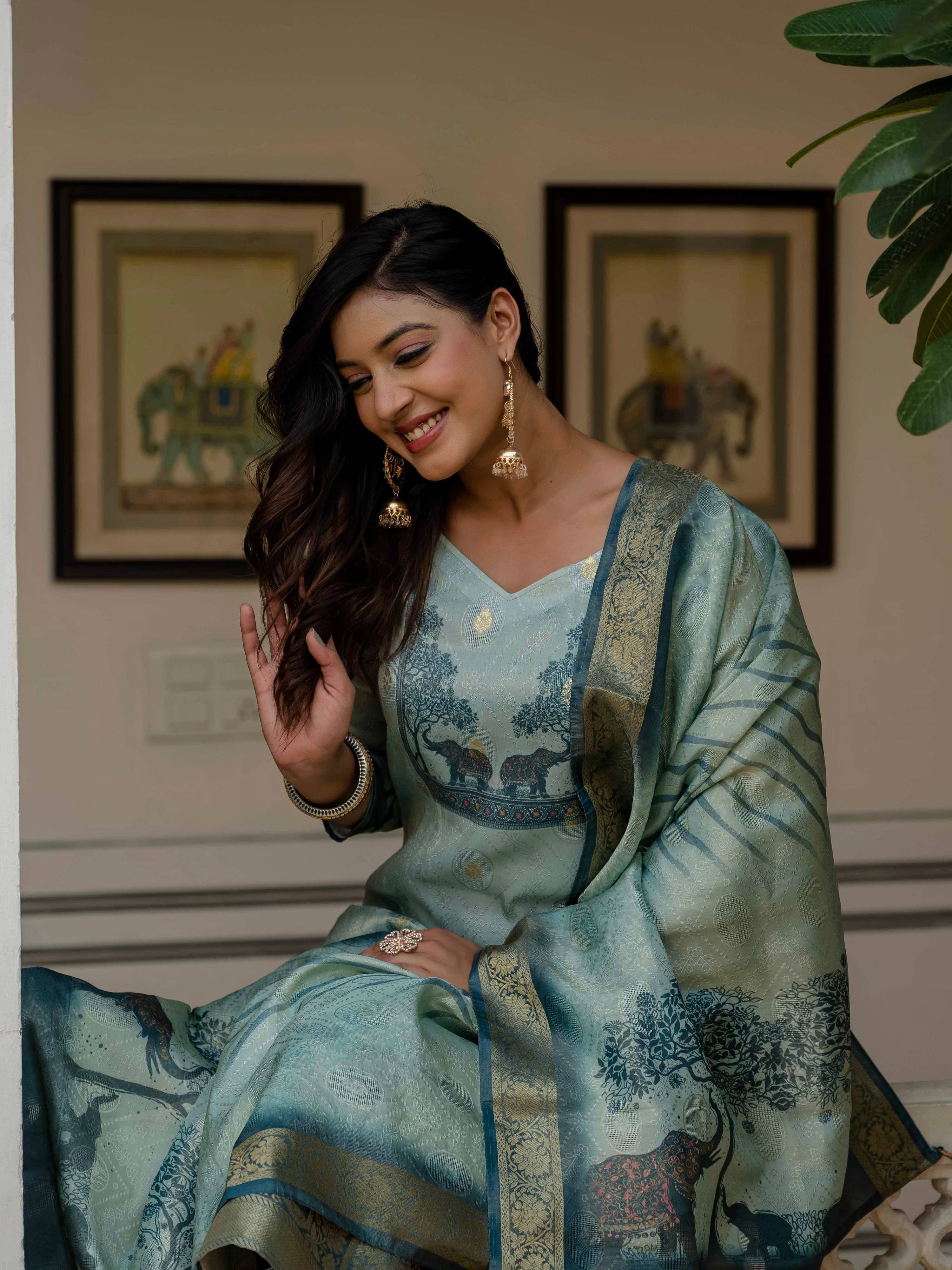 Vegaa Fashion Pista Green Jacquard Silk Printed Salwar Suit | Grocsy
