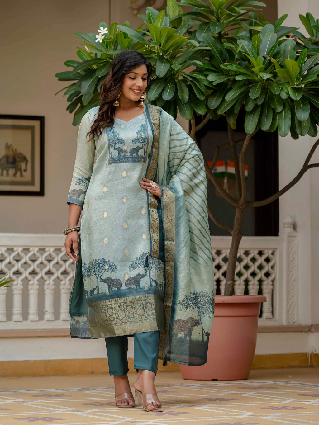 Vegaa Fashion Pista Green Jacquard Silk Printed Salwar Suit | Grocsy
