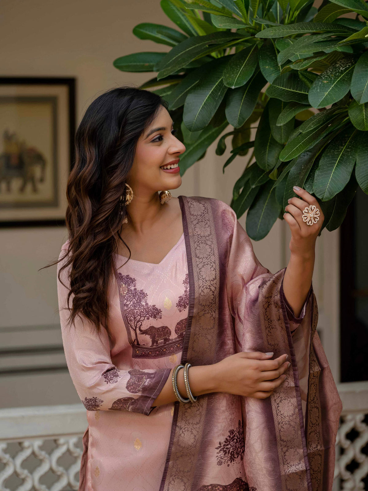 Vegaa Fashion Light Peach Jacquard Silk Printed Salwar Suit | Grocsy