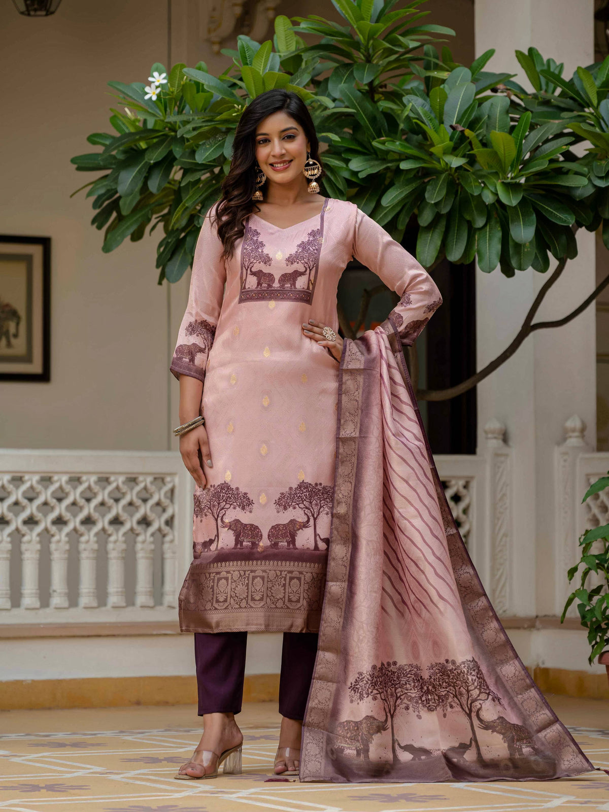 Vegaa Fashion Light Peach Jacquard Silk Printed Salwar Suit | Grocsy