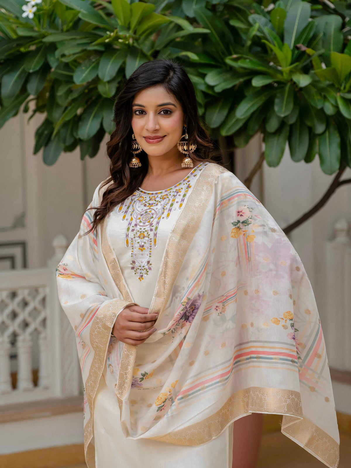 Vegaa Fashion Off White Roman Silk Embroidered Salwar Suit | Grocsy