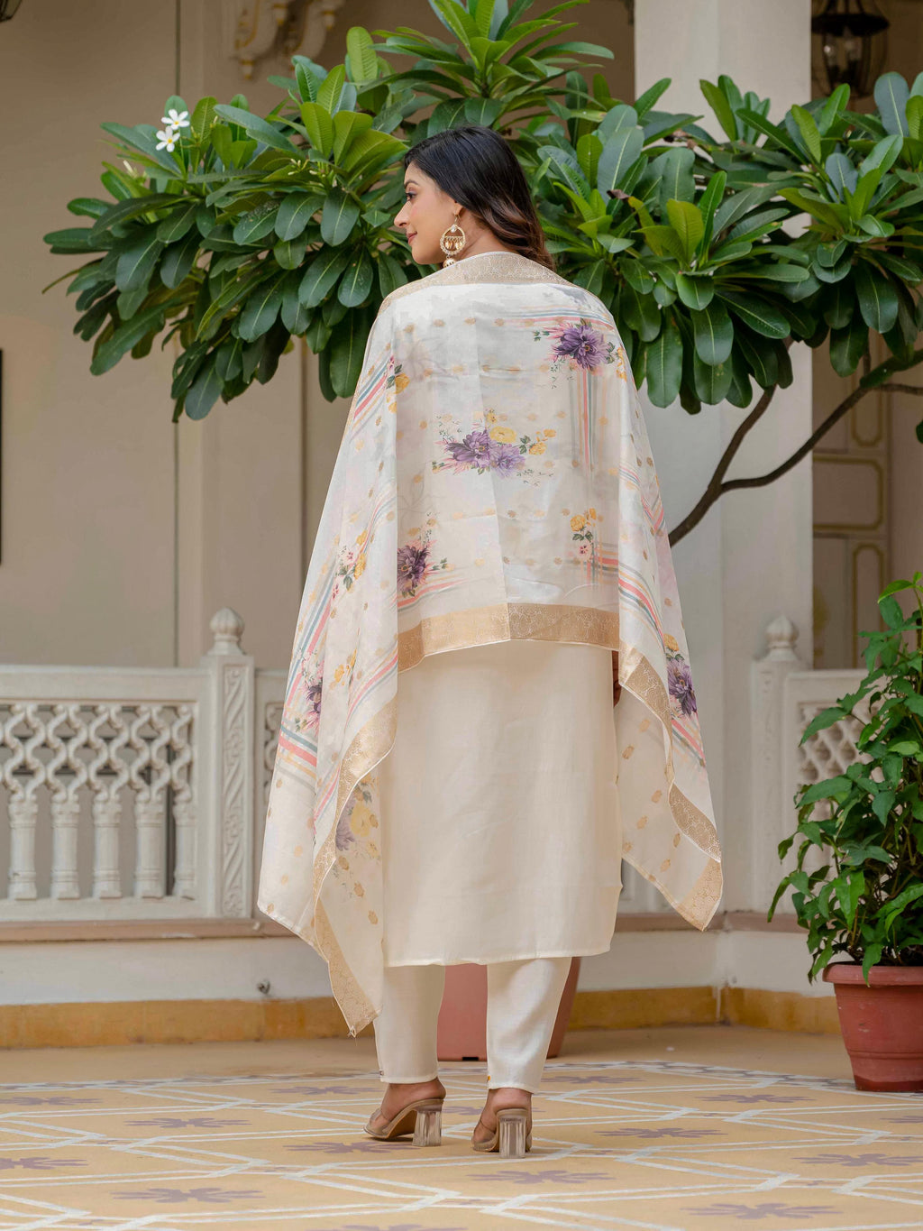 Vegaa Fashion Off White Roman Silk Embroidered Salwar Suit | Grocsy