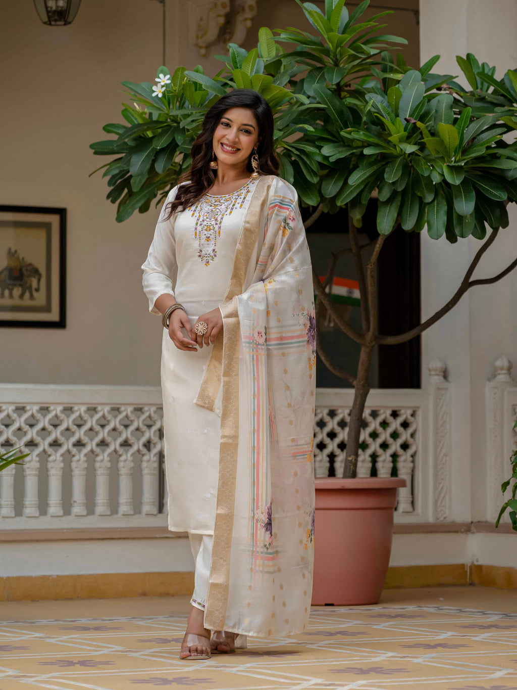 Vegaa Fashion Off White Roman Silk Embroidered Salwar Suit | Grocsy