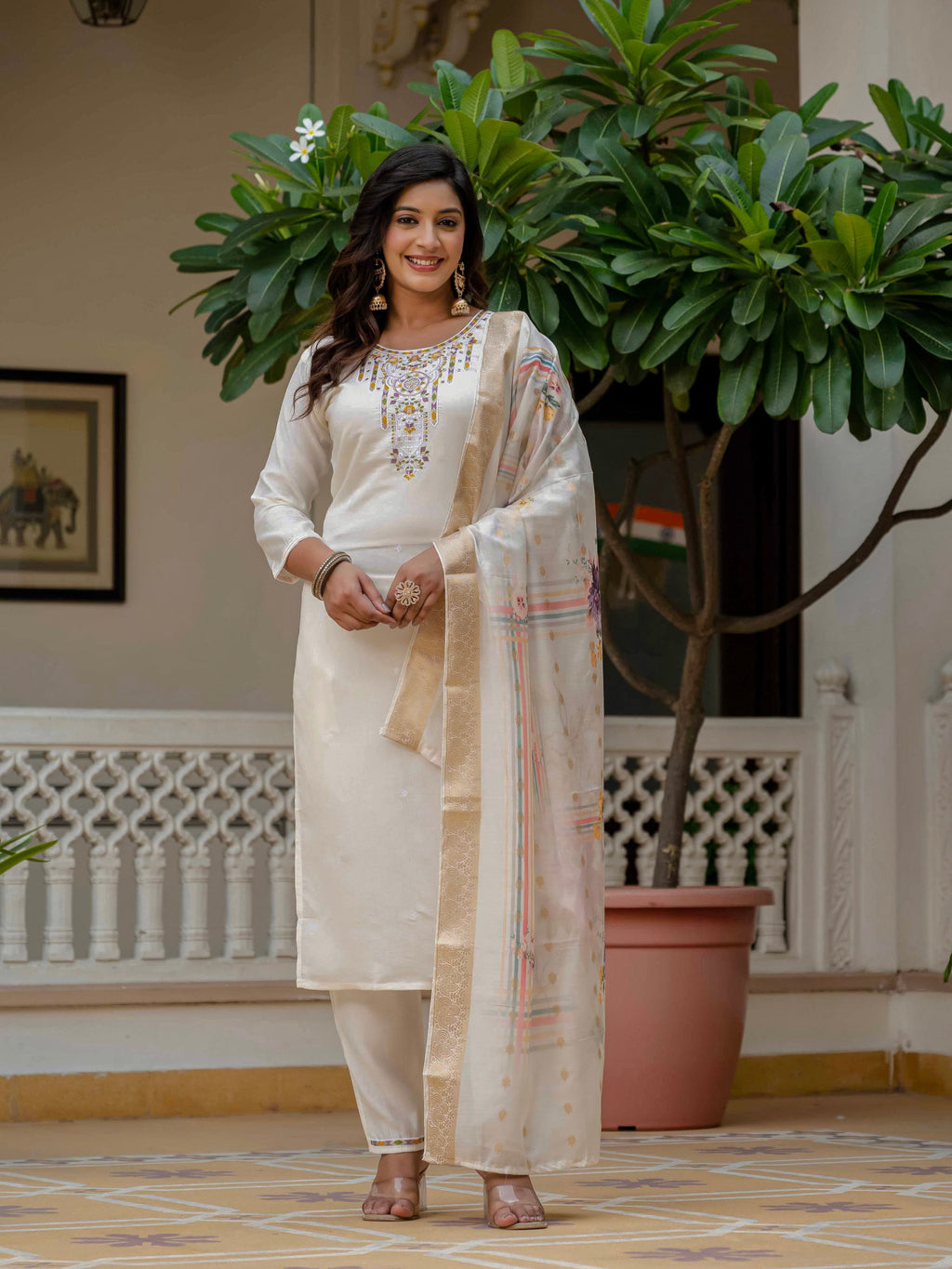 Vegaa Fashion Off White Roman Silk Embroidered Salwar Suit | Grocsy