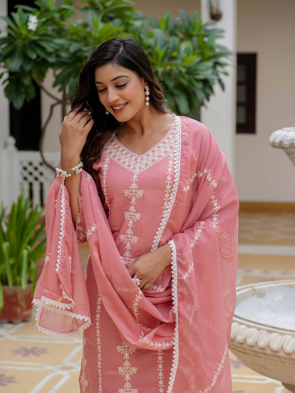 Vegaa Fashion Light Pink Roman Silk Embroidered Salwar Suit | Grocsy
