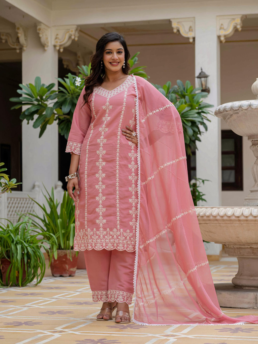 Vegaa Fashion Light Pink Roman Silk Embroidered Salwar Suit | Grocsy