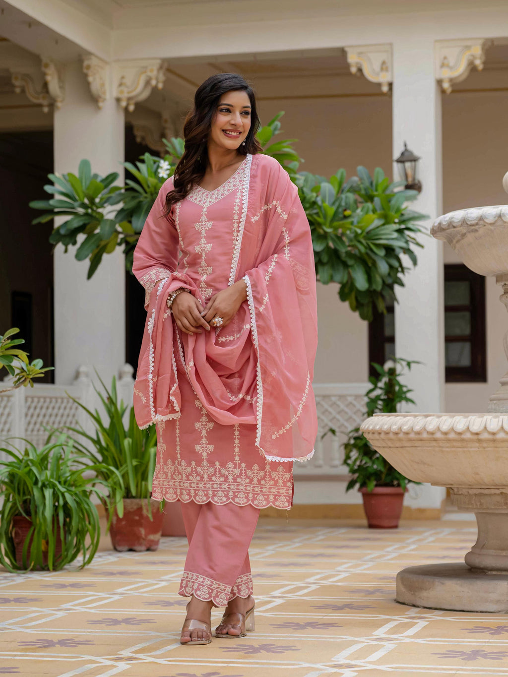 Vegaa Fashion Light Pink Roman Silk Embroidered Salwar Suit | Grocsy