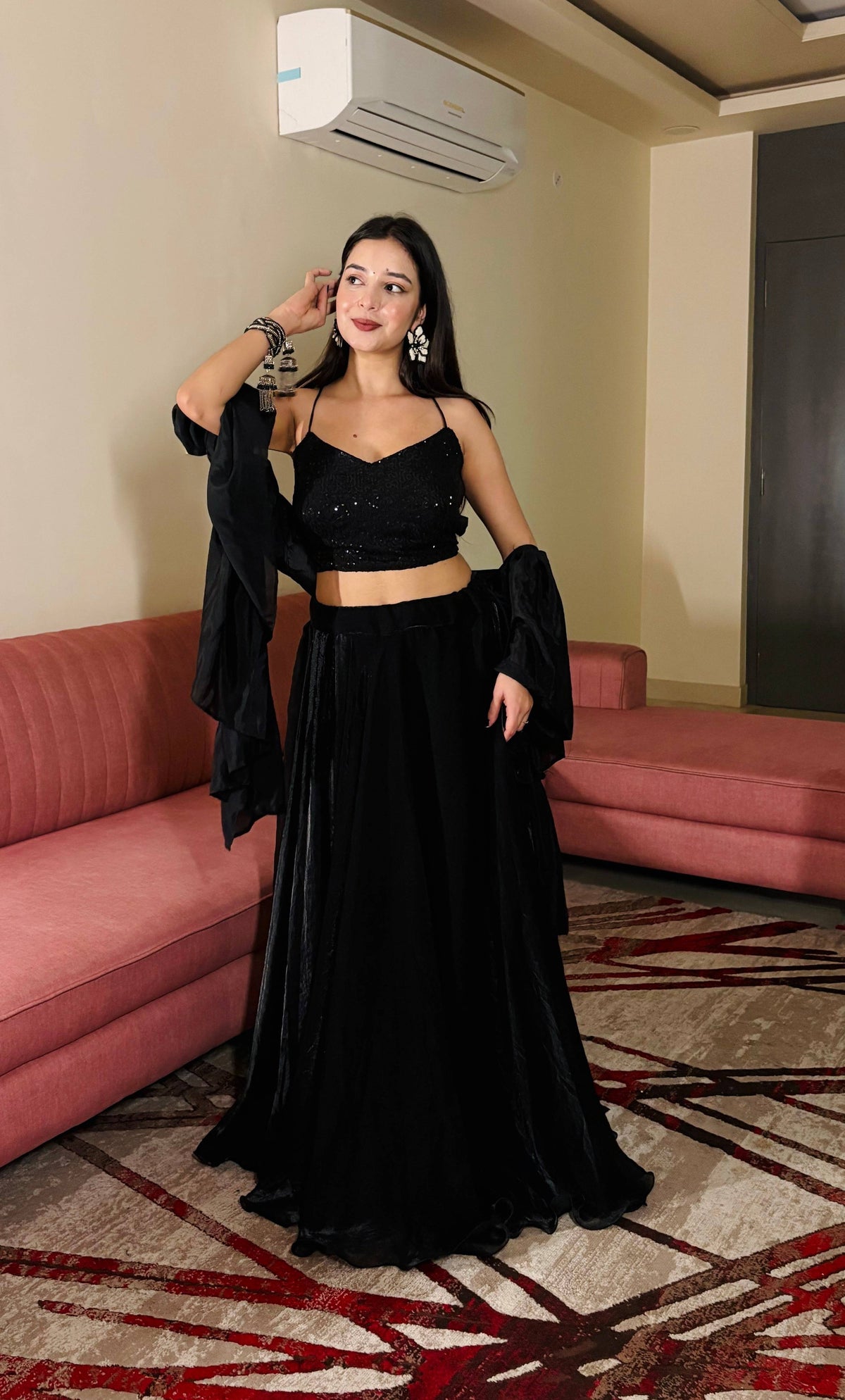 Lorenvalley Fashion Black Fendy Satin crush with Plain Lehenga Choli with Dupatta | Grocsy