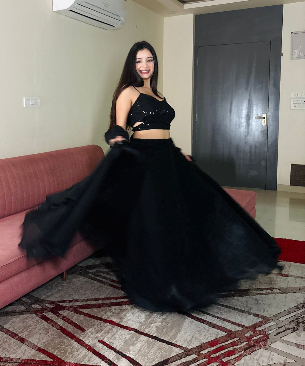 Lorenvalley Fashion Black Fendy Satin crush with Plain Lehenga Choli with Dupatta | Grocsy