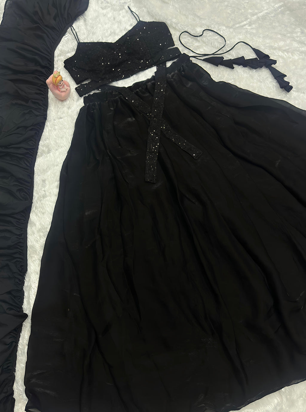 Lorenvalley Fashion Black Fendy Satin crush with Plain Lehenga Choli with Dupatta | Grocsy