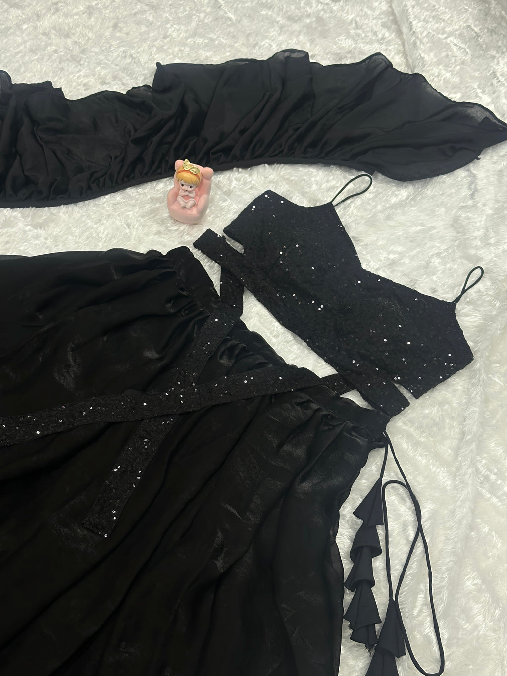 Lorenvalley Fashion Black Fendy Satin crush with Plain Lehenga Choli with Dupatta | Grocsy