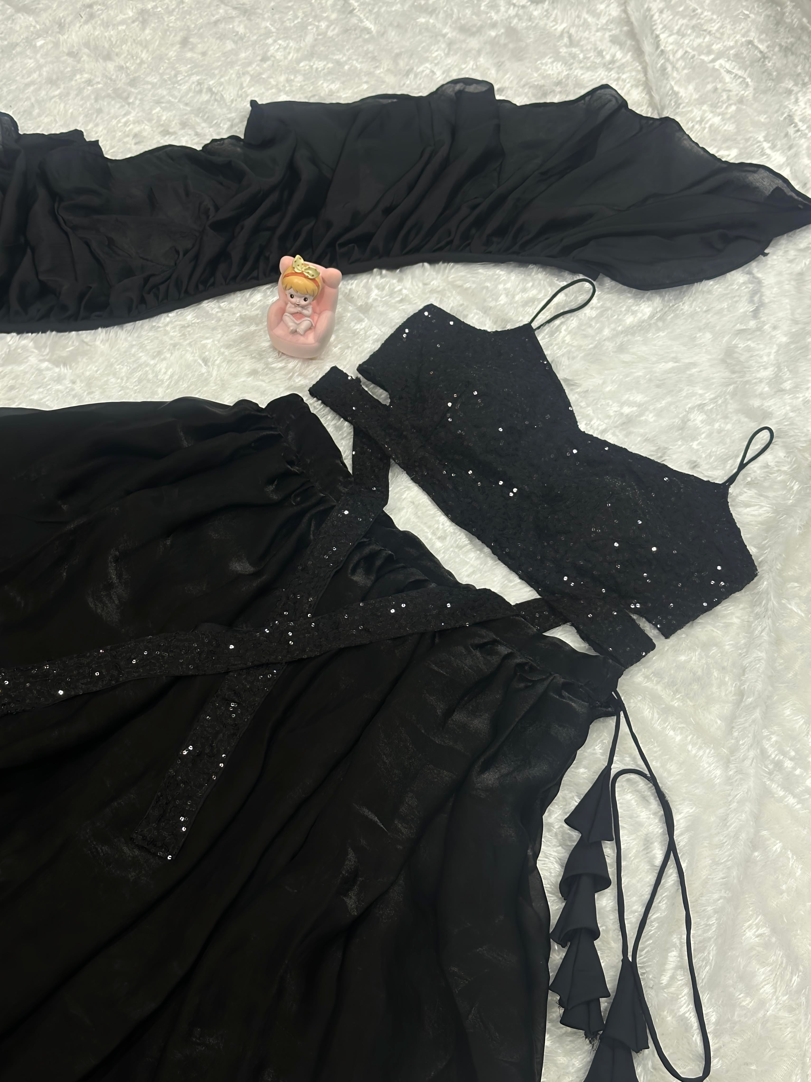 Lorenvalley Fashion Black Fendy Satin crush with Plain Lehenga Choli with Dupatta | Grocsy